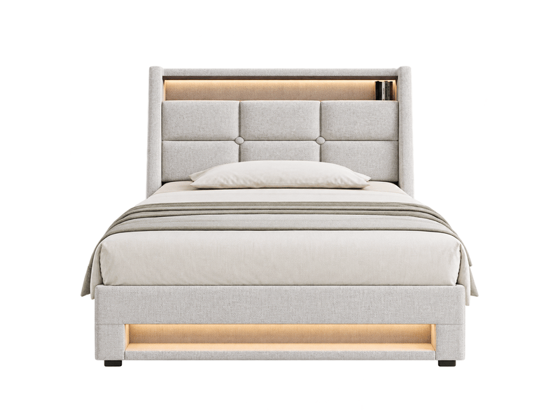  Lit coffre simple 90×200 cm en tissu beige avec usb, étagère et led réglable, matelas inclus  - Conforama A