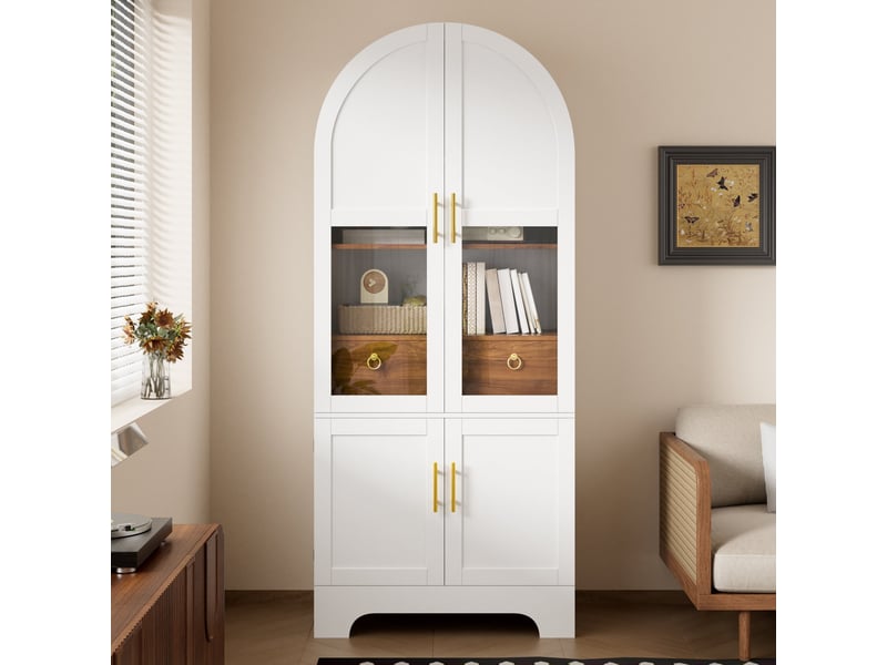 Vitrine à grande forme cintrée, 76 x 40 x 180 cm, avec éclairage led, 4 portes et 1 tiroir, façade vitrée, coloris blanc  - Conforama D