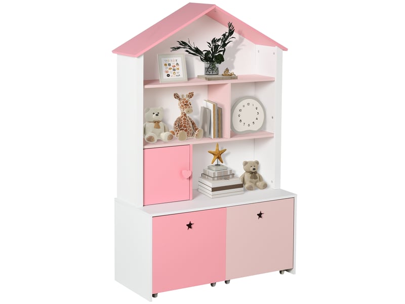Bibliothèque enfant en bois, avec 4 compartiments, 1 porte et 2 tiroirs à roulettes pour livres et jouets, 80 x 34 x 130 cm, rose et blanc - Conforama A