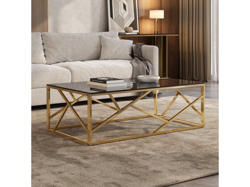  Table basse 120 × 60 × 40 cm avec plateau en verre noir et structure métallique dorée, design géométrique moderne pour salon et espace détente  - Conforama C