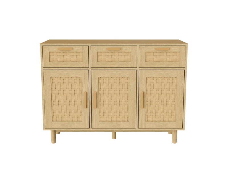  Buffet bahut - 3 tiroirs 3 portes - 107.9 x 40 x 80 cm - rotin tressé - style scandinave - rangement salon cuisine - en chêne  - Conforama A