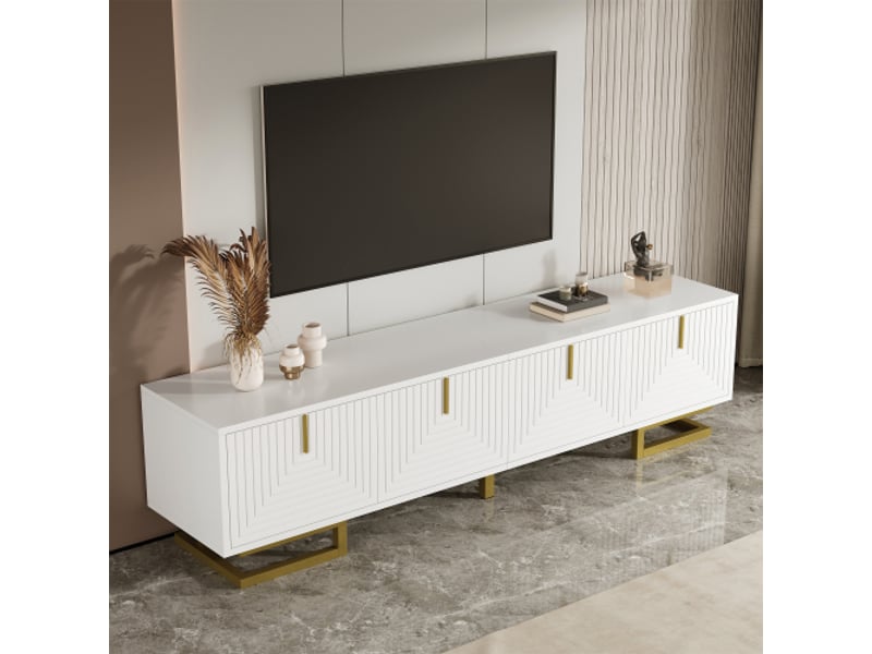  Meuble tv, lowboard avec porte texturée, meuble tv, poignées dorées et pieds dorés des pieds réglables.170x40x45,5cm  - Conforama B