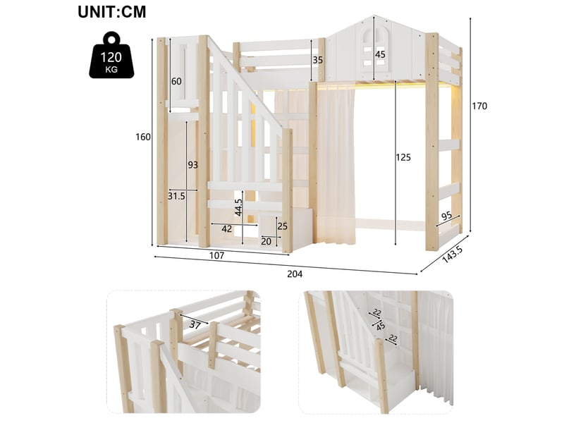 Lit mezzanine enfant 90x200 cm, avec lit simple, sommier, rangement, led, bois et mdf, blanc et naturel, sans matelas - Conforama C