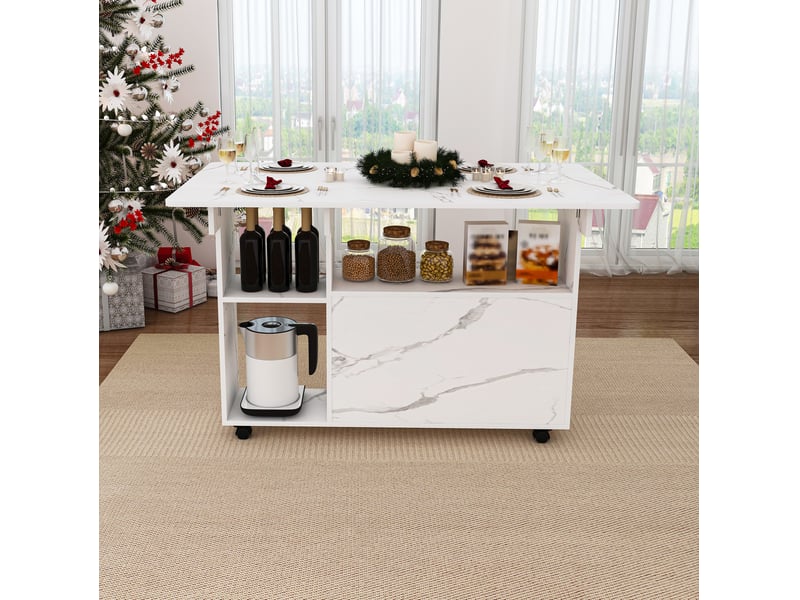  Table à manger mobile pliante 110 x 70 x 80 cm, rangement, roulettes, blanc effet marbre  - Conforama D
