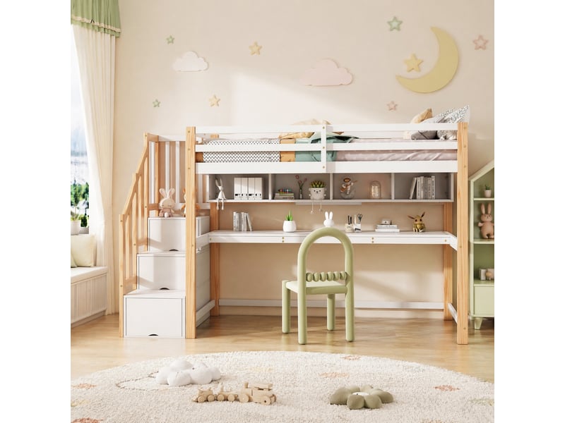 Lit mezzanine enfant 90x200 cm – blanc et chêne – escalier de rangement, bureau et étagères – sans matelas - Conforama B