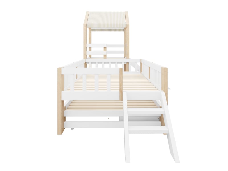 Lit gigogne 90x190 cm - lit cabane enfant 90x200 cm avec toboggan - escalier, tiroirs et toit en tissu - blanc - Conforama W