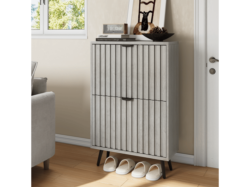  Meuble à chaussures gris 60x24x94 cm avec portes abattantes et panneaux rainurés mdf pour entrée et couloir  - Conforama R