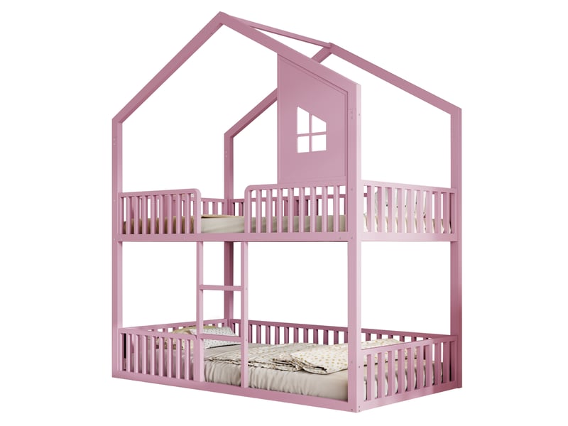  Lit superposé 90 x 200 cm pour enfant en métal rose, style cabane avec fenêtres, échelle droite et garde-corps de sécurité sur les deux niveaux  - Conforama A