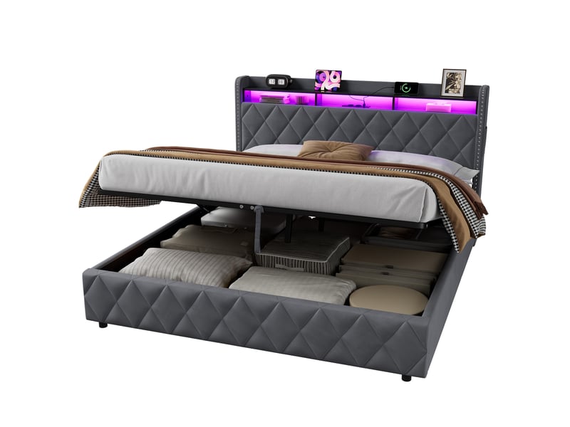  Lit coffre avec éclairage led, recharge et rangement, tête de lit avec étagère 180 × 200 cm  - Conforama A
