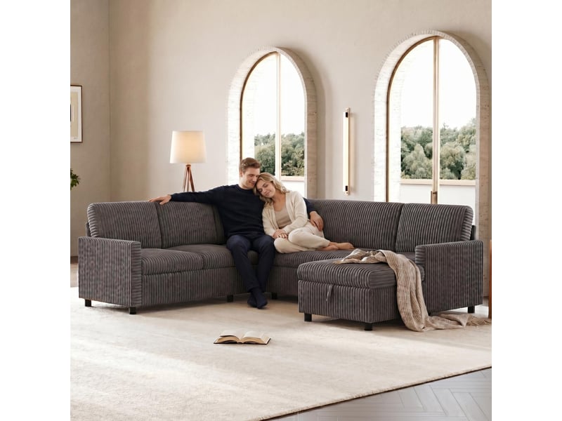 Canapé d'angle convertible en u, grand canapé en velours côtelé gris, lit d'appoint avec méridienne et coffre pour salon, 274x220 cm - Conforama B