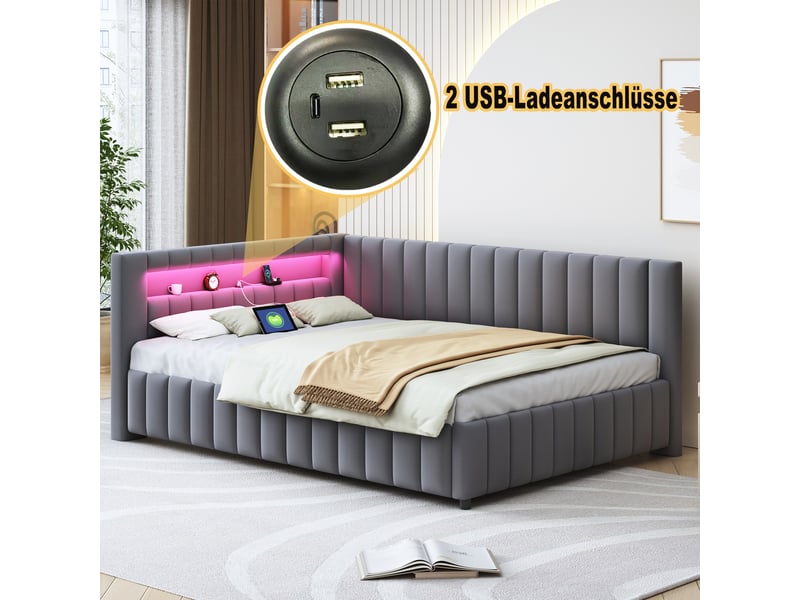  Lit capitonné 140x200 cm gris en velours, led, usb, dossier et cadre de lit stable  - Conforama E