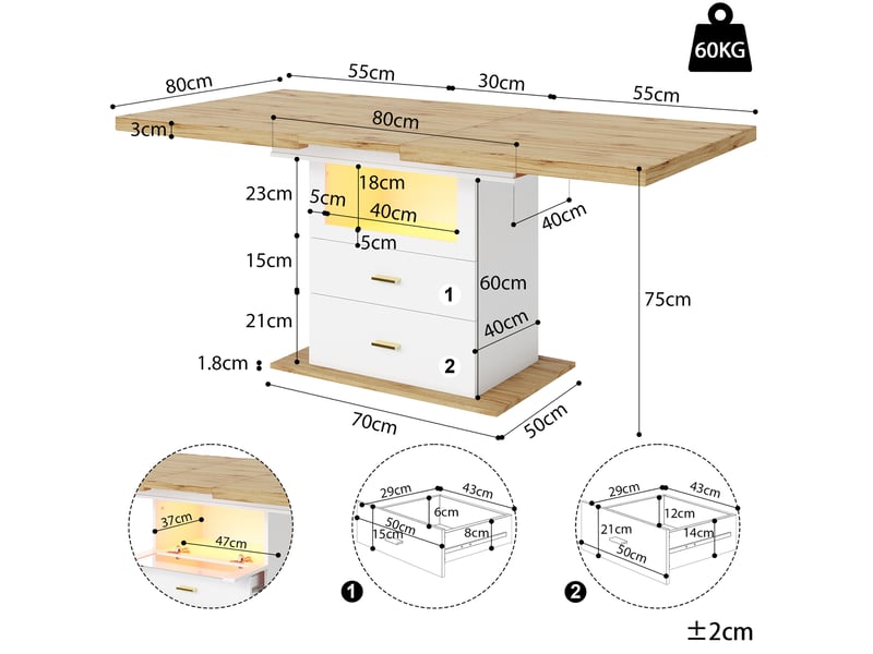 Table de salle à manger extensible avec éclairage led 110-140x80x75 cm, 2 tiroirs et espace de rangement, panneau aggloméré blanc, cuisine - Conforama C