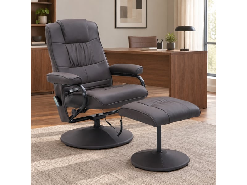  Fauteuil de relaxation massant avec repose-pieds pivotant 360° en similicuir marron  - Conforama D