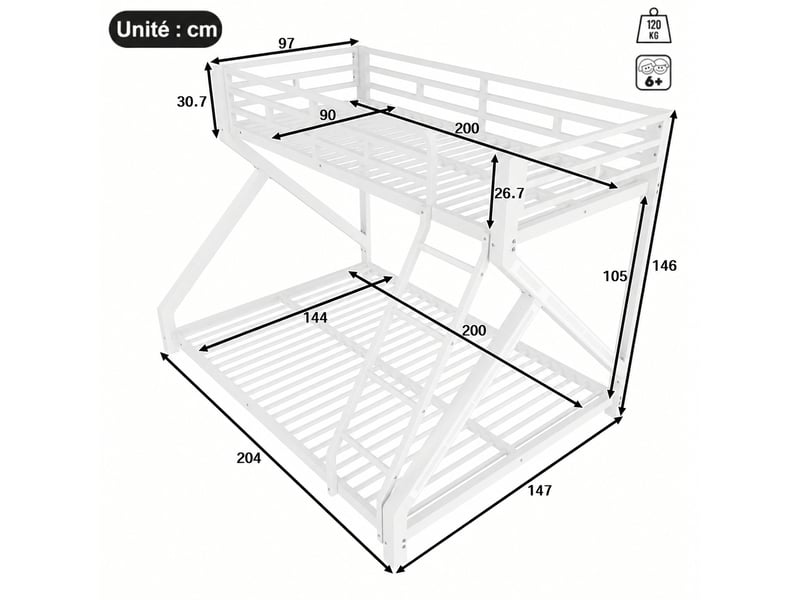  Lit superposé en métal pour enfants, blanc avec led, couchages 90 x 200 cm et 140 x 200 cm, sans matelas  - Conforama C