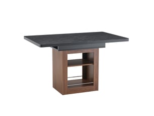 Table de séjour rectangulaire avec allonge centrale 130-160 cm avec étagères, mdf noir effet bois et noyer