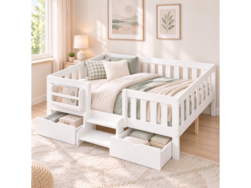  Lit enfant 140x200 cm avec 2 tiroirs, bibliothèque, escalier d’accès, barrière de sécurité et sommier à lattes, bois, pour chambre d’enfant - blanc  - Conforama D