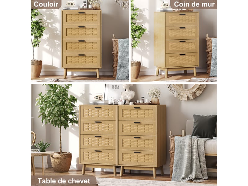  Commode 4 tiroirs en pvc effet rotin - 55 x 40 x 95 cm-chêne - meuble de rangement avec pieds en bois massif et dispositif anti-basculement  - Conforama E