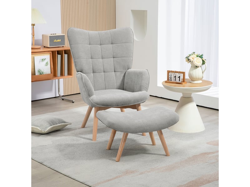  Fauteuil avec repose pied, dossier haut, pour salon chambre à coucher gris, pieds en bois et tissu aspect velours côtelé  - Conforama A
