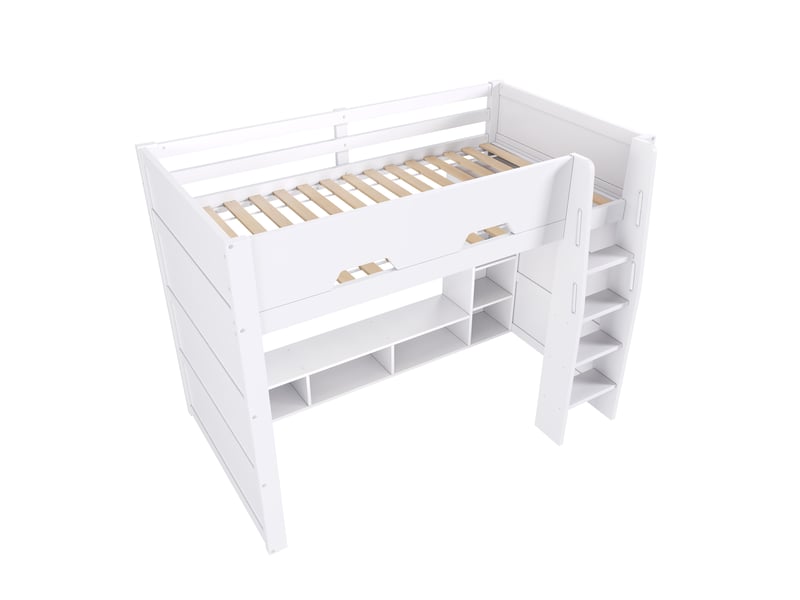 Lit mezzanine 90x200 cm, lit combiné, éclairage led, grand espace de rangement, support à lattes stable, construction robuste et durable, mdf blanc OPULERANE TRADING LTD - Conforama E