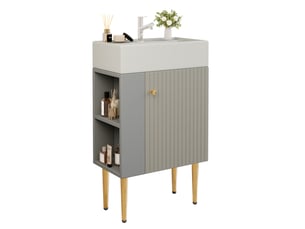 Meuble vasque salle de bain 55 cm gris et blanc en mdf, petit format avec rangement et vasque intégrée