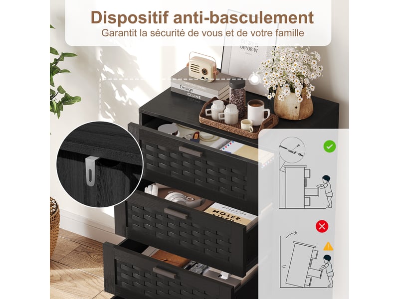  Commode noir avec 4 tiroirs, meuble de rangement en bois et rotin, commode chambre cannage scandinave 55x40x95 cm  - Conforama W