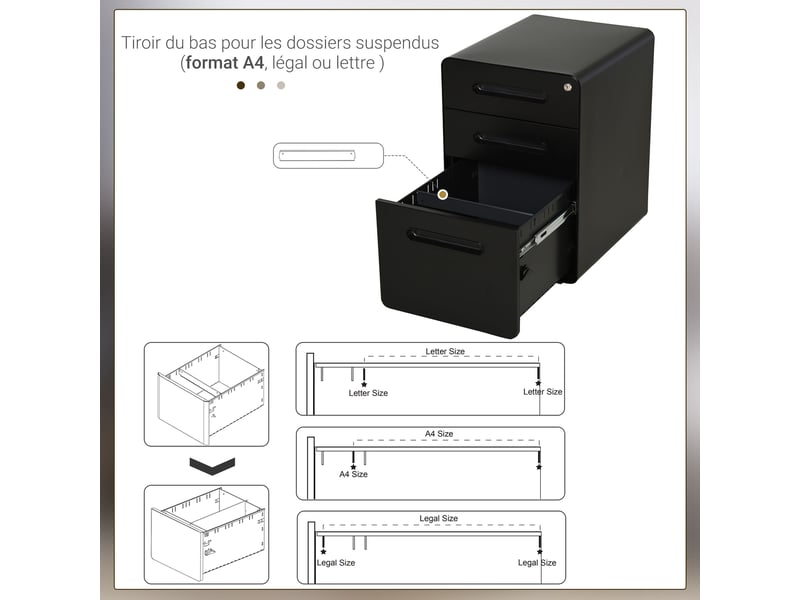  Caisson bureau mobile verrouillable avec 3 tiroirs pour format a4, lettre, 39 x 48 x 59 cm, légal, noir  - Conforama R