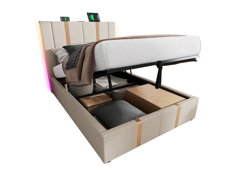  Lit coffre 90x200 cm en lin, lit simple avec rangement, usb, type-c et led réglable, matelas inclus, beige  - Conforama A