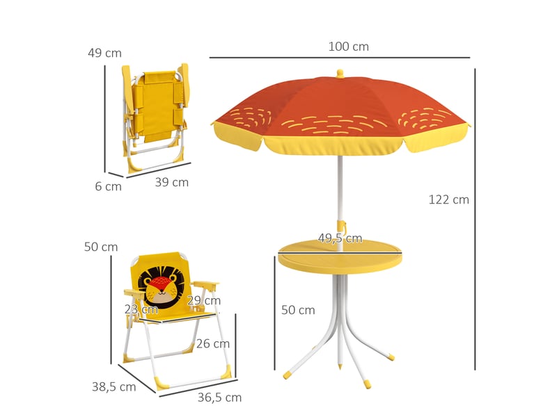  Ensemble de 2 chaises pliantes et une table pour enfants, table de jardin à hauteur réglable sur le thème du lion avec parasol, jaune  - Conforama D