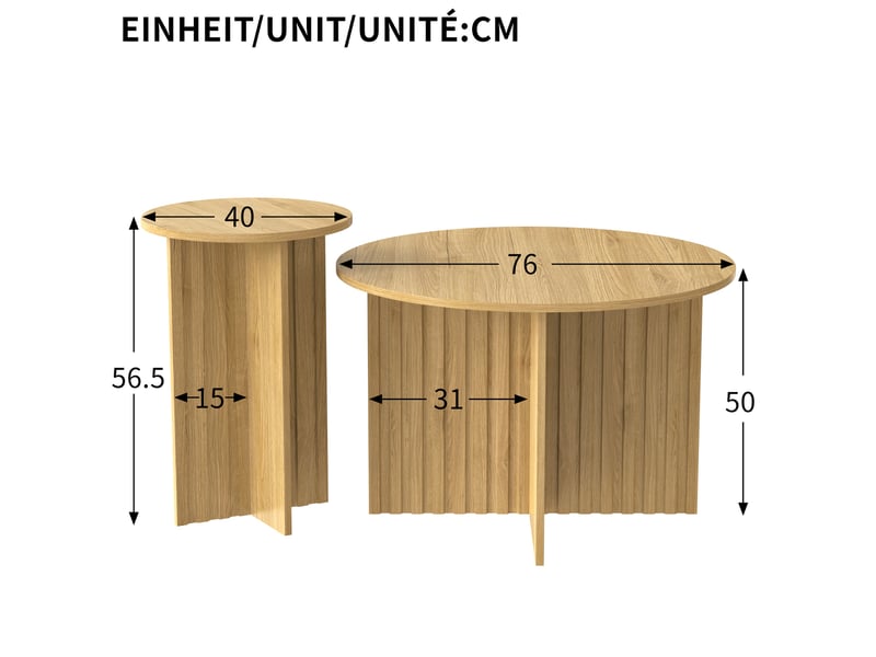  Lot de 2 tables basses rondes ø76ø40 cm, tables gigognes, style scandinave, structure mdf et panneaux pour salon - naturel  - Conforama C