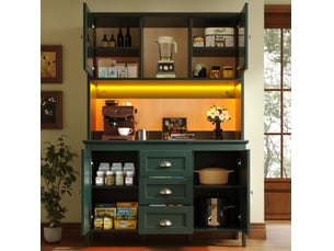 Buffet de cuisine 120 x 40 x 179 cm vert en mdf et métal, 4 portes 3 tiroirs, zone ouverte avec led