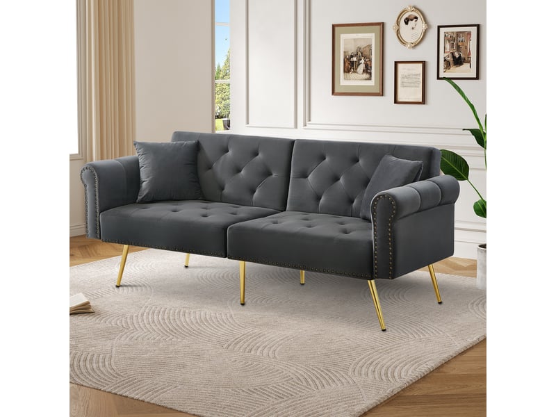 Canapé convertible 2 places velours avec dossier inclinable 3 positions, canapé velours pieds métal doré pour petit espace - Conforama W