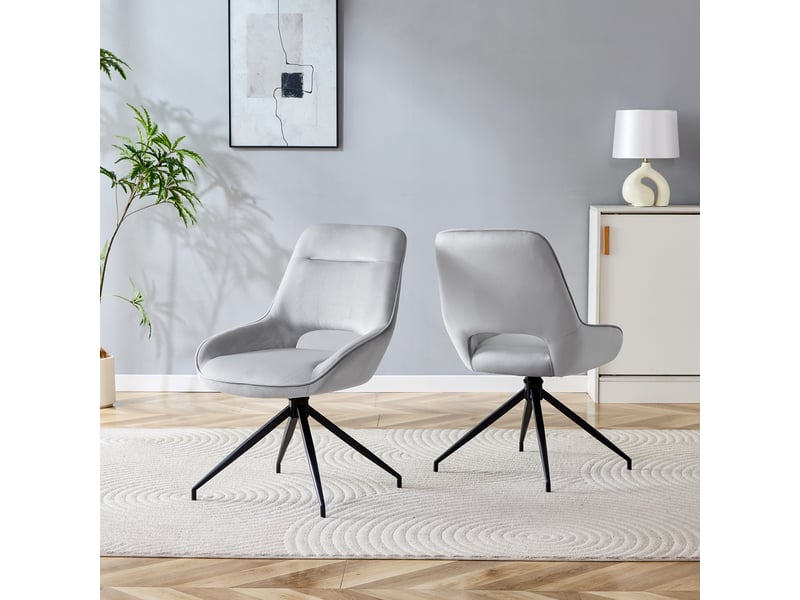 Chaise de salle à manger pivotante 360° lot de 2 avec assise rembourrée, en velours gris clair et métal noir - Conforama D