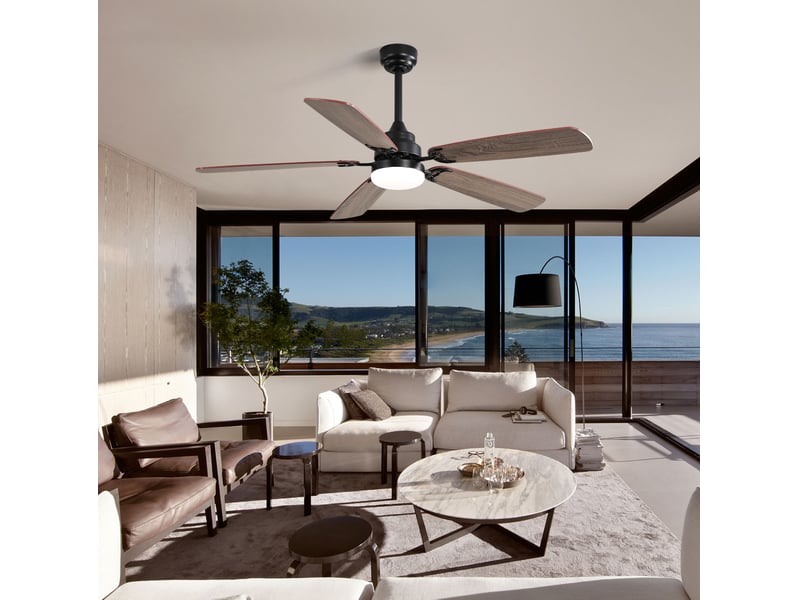  Ventilateur de plafond 132 cm avec led dimmable, télécommande 6 vitesses et fonction réversible, pour salon, mdf, noir  - Conforama B
