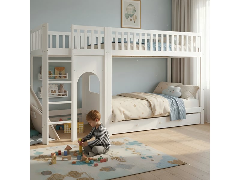  Lit superposé enfant 90x200cm blanc, échelle droite 4 marches, garde-corps 4 côtés, zone créative  - Conforama D