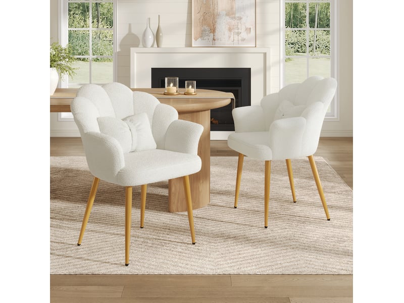  Lot de 2 fauteuils de salle à manger 64 cm 65,5 cm 85 cm blancs, tissu peluche et pieds métal doré  - Conforama B