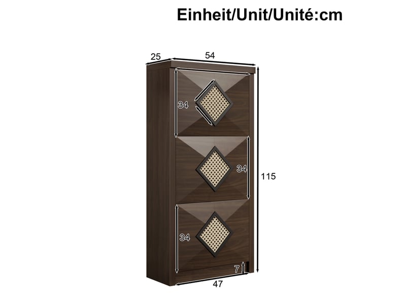  Meuble à chaussures avec 3 abattants et niche ouverte, style vintage, décor rotin, pour entrée, 54 × 25 × 115 cm  - Conforama D