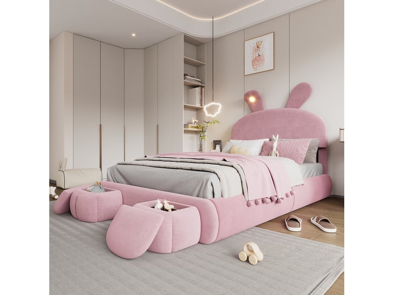  Lit double 140x200 cm en velours rose avec rangement hydraulique et led réglable  - Conforama D