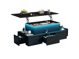 Table basse relevable 100x50x40 cm en mdf avec 4 tiroirs, rangement caché, led et usb noire chicfurn