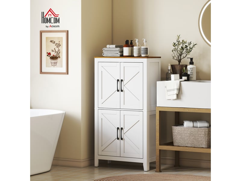  Meuble bas salle de bain style campagne chic 4 portes 2 étagères blanc effet bois  - Conforama D