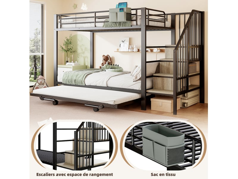  Lit superposé enfant 90x200 cm avec lit gigogne, escalier de rangement, noir  - Conforama E
