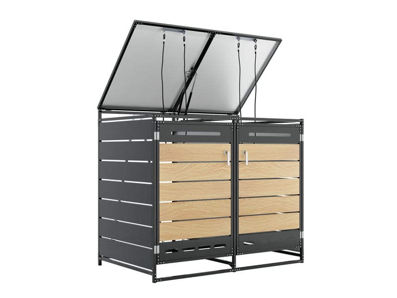  Coffre à poubelles double en fer antirouille, couvercle hydraulique, revêtement imitation bois, ventilation et serrures.  - Conforama A