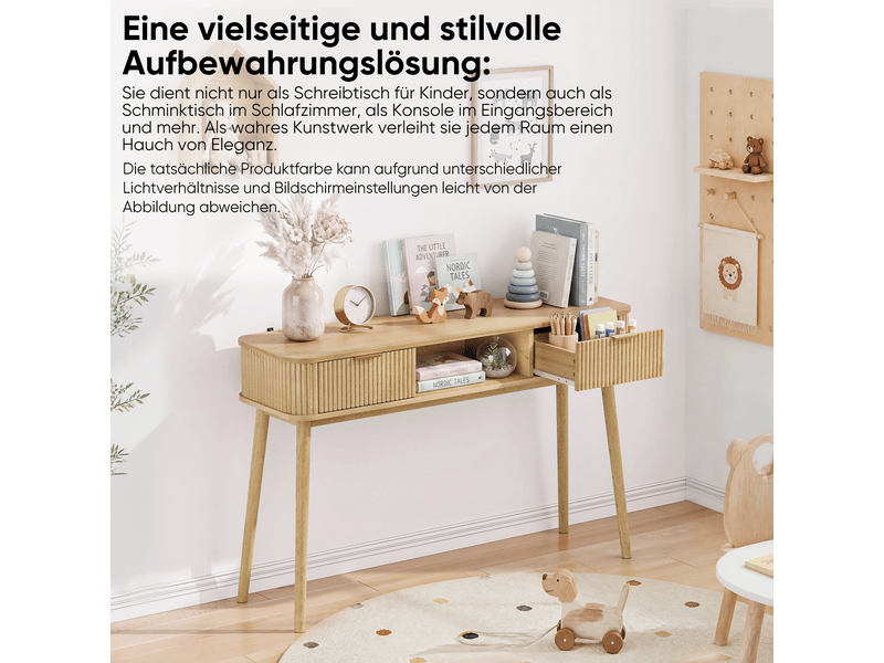 Table basse - console de style vintage des années 50, chêne, avec tiroirs et compartiment de rangement ouvert - Conforama R