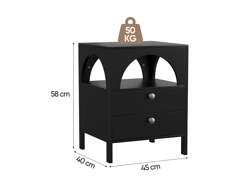  Table de chevet noire avec 2 tiroirs et 1 niche ouverte 45 x 40 x 58 cm  - Conforama E