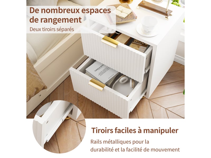  Lot de 2 table de chevet,table à chevet avec 2 tiroirs , manches et pieds en couleur doré,moderne,40 × 40 × 55 cm,blanc  - Conforama E