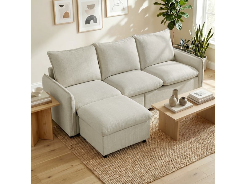  Canapé 3 places avec pouf de rangement, canapé d'angle modulable 212 cm, coussins à ressorts, crème, tissu en lin  - Conforama D
