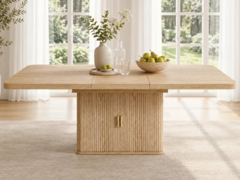  Table de salle à manger extensible, pour 6 à 8 personnes, rangement intégré, plateau épaissi, style scandinave, 150200×90 cm, chêne  - Conforama B