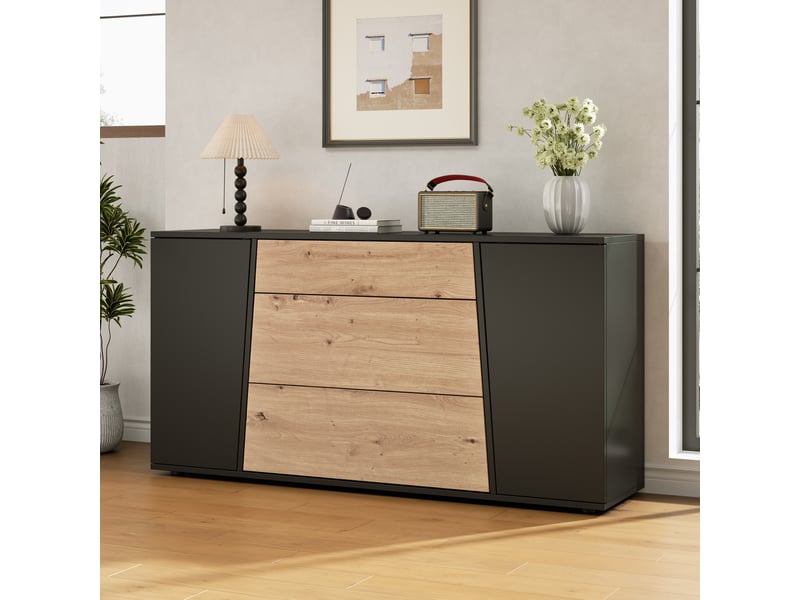  Buffet noir et bois 140 cm, meuble de rangement avec 3 tiroirs et 2 portes  - Conforama D