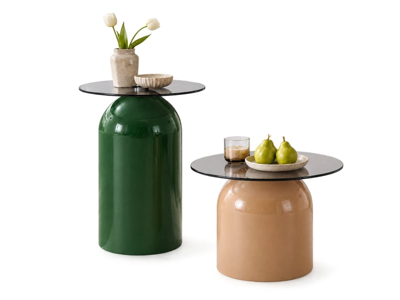 Lot de 2 tables basses gigognes, plateau en verre trempé gris et base en acier au carbone brillant, design rétro en forme de cloche. - Conforama A