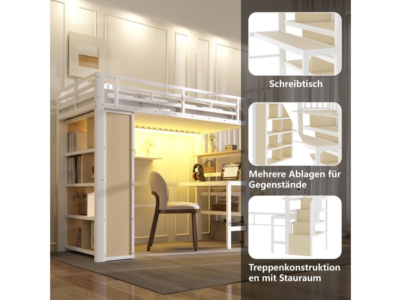  Lit mezzanine blanc 90x200cm avec escalier rangement, bureau, éclairage led, structure robuste, pratique - fer - pour enfant ado  - Conforama C