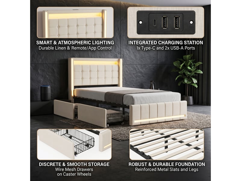  Dreammespace lit simple 90x200 cm avec 2 tiroirs et prises usb type-c éclairage led sommier à lattes chambre tissu lin beige DreamMespace - Conforama D